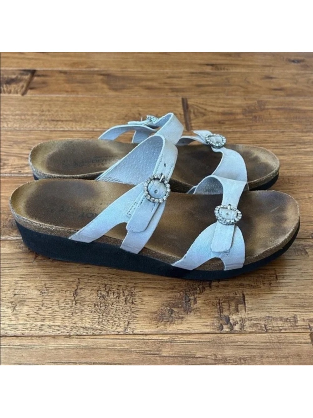 Naot Kate Rhinestone Slide Sandals Metallic Silver Leather Comfort Size 39 / 8
